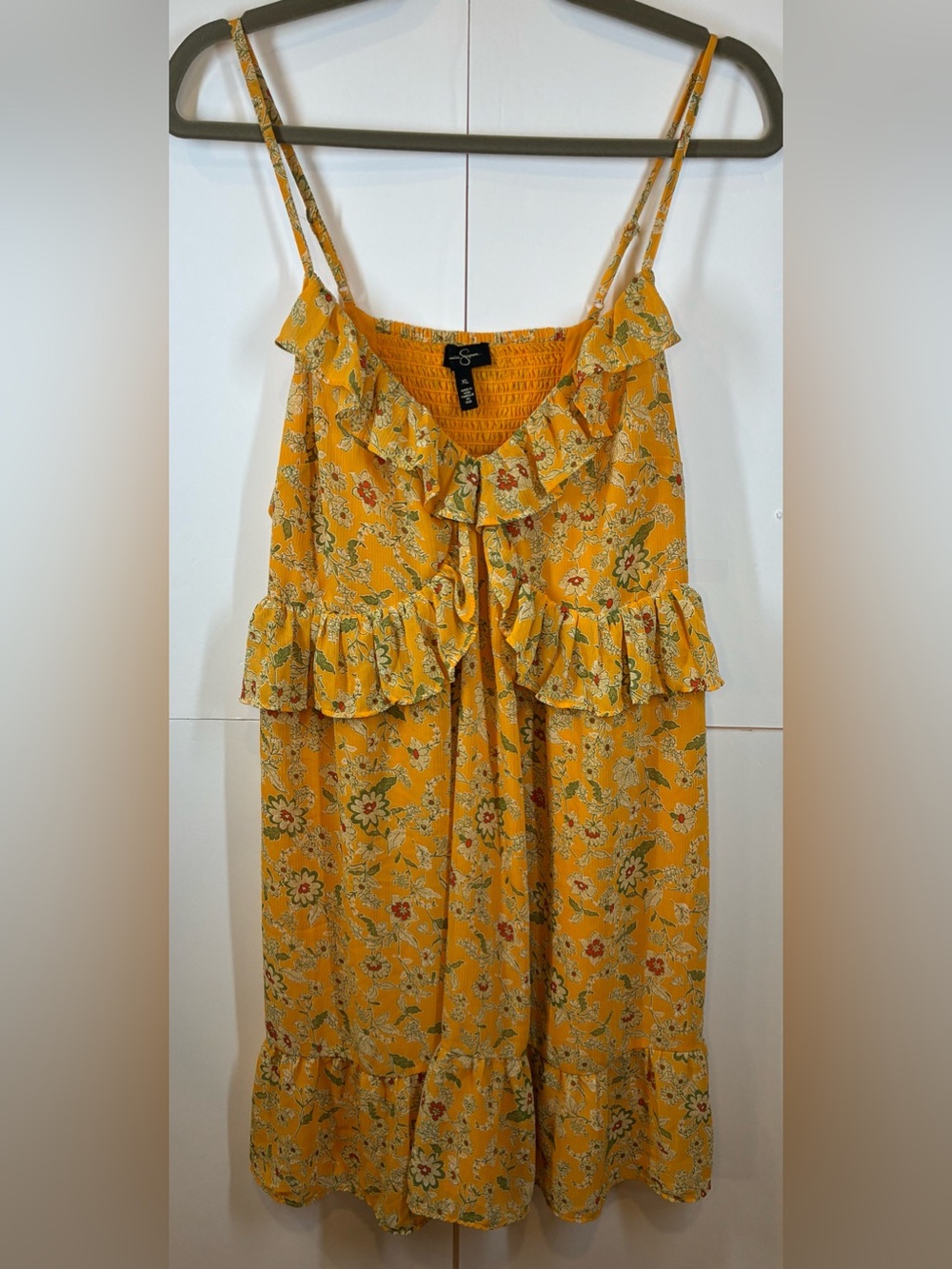 Jessica Simpson XL Yellow Floral Smocked Ruffle Dress Boho Cottagecore